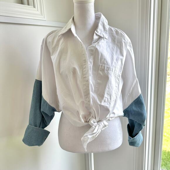 12th Tribe Cowgirl XL 1X Western Cottagecore Denim White Blue Button Down Shirt - Picture 1 of 7